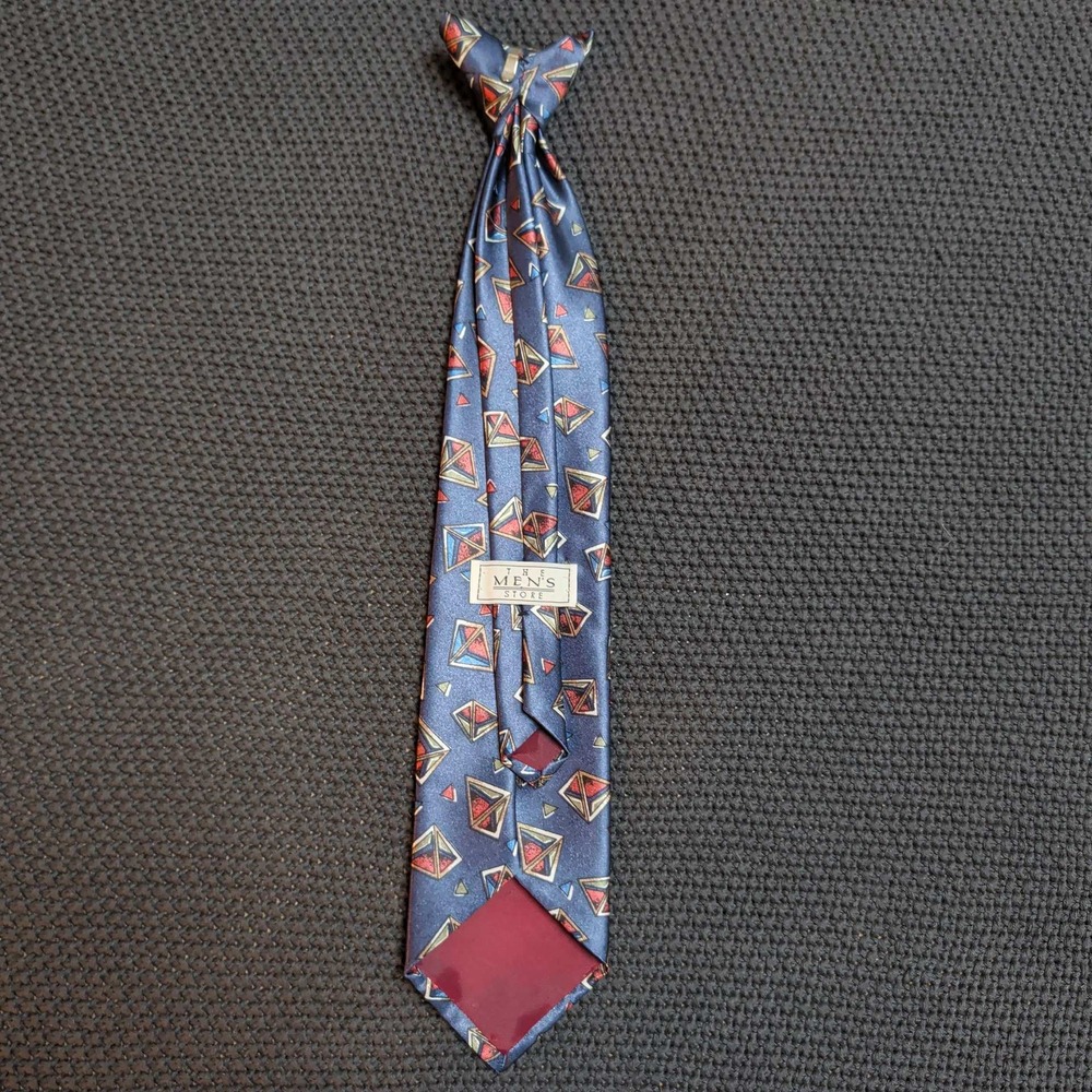 The Mens Store Necktie Mens OS Navy Blue Geometric Pyramid Print Classic Retro - Picture 3 of 3
